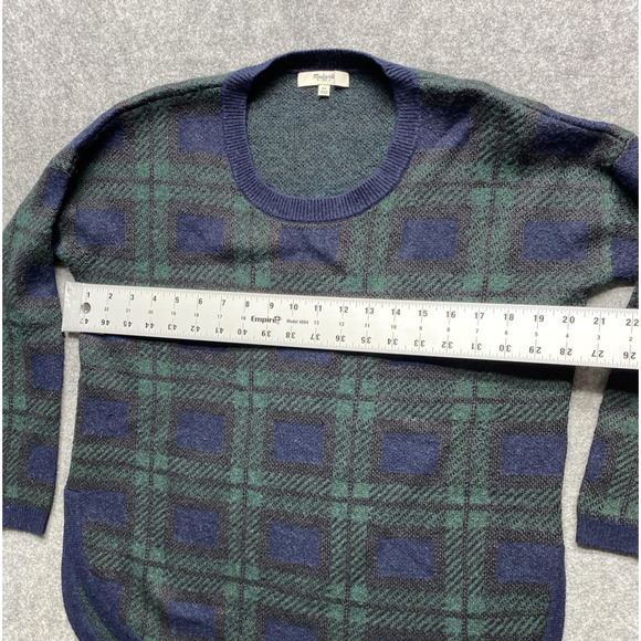Madewell Sweater Womens XS Navy Green Plaid High Low Curved Hem Tunic Knit - Picture 2 of 9